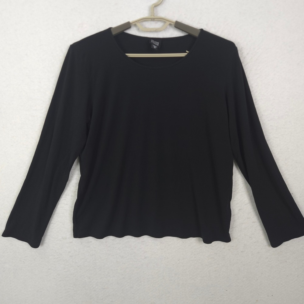 Eileen Fisher Silk Jersey Top Womens XL Black Long Sleeve Crew Neck Minimalist